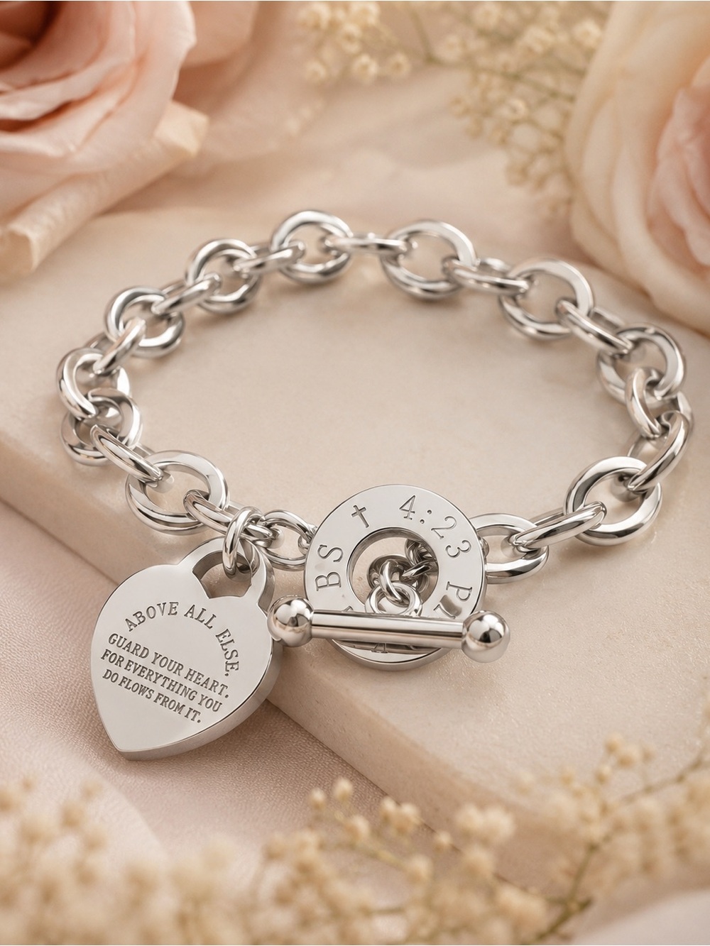 Sterling Silver Heart Charm Toggle Bracelet - Silver